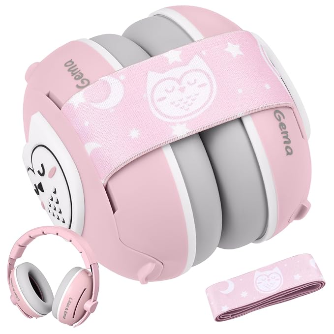 Lilian&Gema 2-in-1 Baby Ear Muffs Noise Protection up to 48 Months - Cute Owl Ear Protection for Infant & Toddler - Baby Airplane/Travel Essentials - Adjustable Noise Reduction Earmuffs, Pink