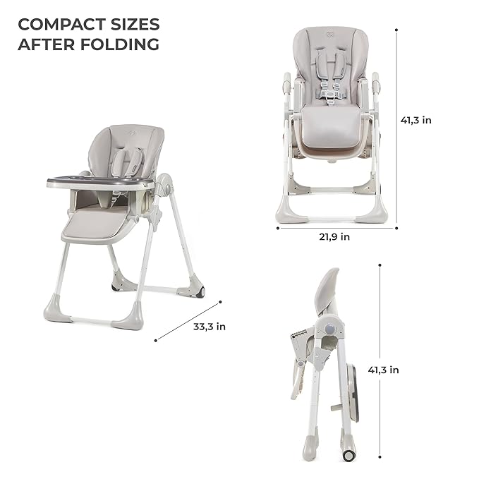 Kinderkraft Highchair Yummy, Baby Chair, Ergonomic, Comfortable, Reclining, Foldable, with Ajustable Height, Footrest, Detachable Double Tray, for Toddler, from 6 Month to 3 Years, Gray