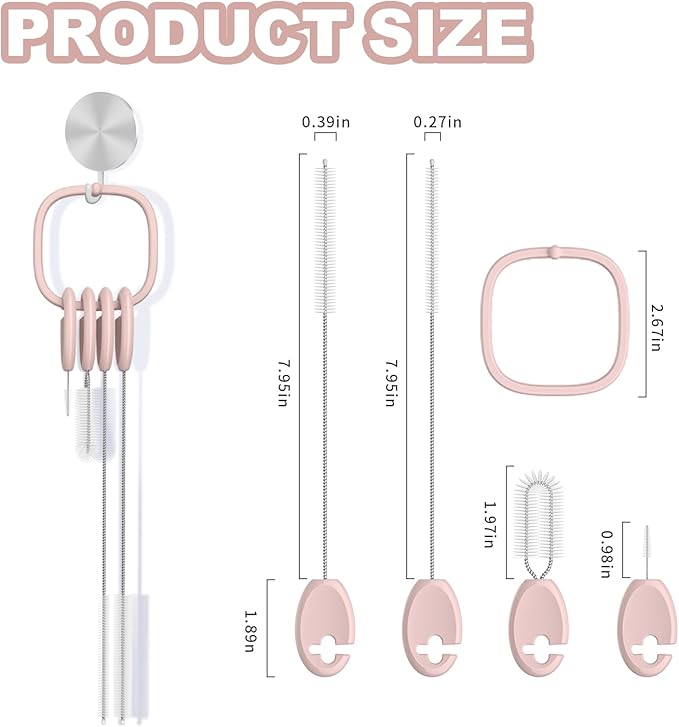 YOTIME 4in1 Straw Cleaner Brush Set, Reusable Standing Straw Brushs with Holder Ring, for Wide and Narrow Straws, Tumblers, Water Bottles and Cups, Pink