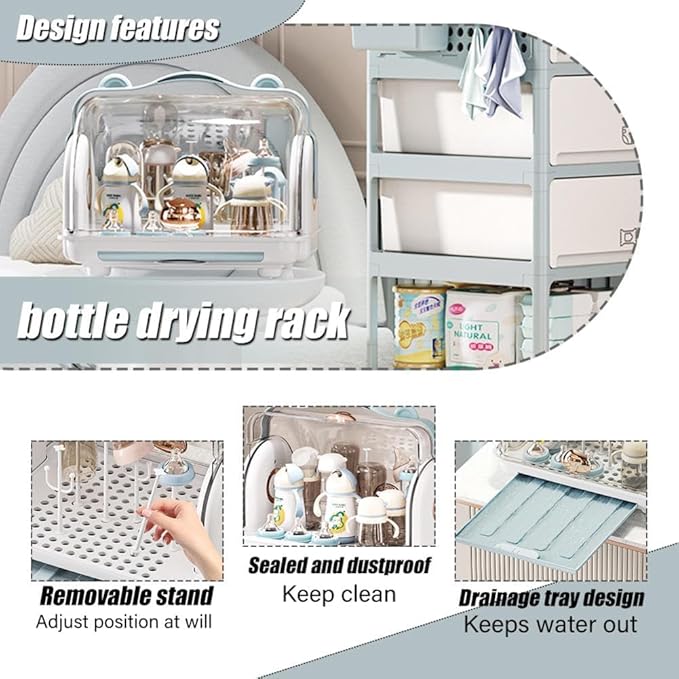Baby Bottle Drying Rack Storage with 3 Brush, Nursing Bottle Storage Box Organizer with Cover, Portable Kitchen Cabinet Organizer, Durable countertop Dryer (Blue)
