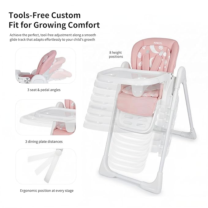 High Chair for Babies and Toddlers, Baby High Chair with Removable Tray, Adjustable Backrest, Footrest Height Settings, Space-Saving Design, Foldable, Pink