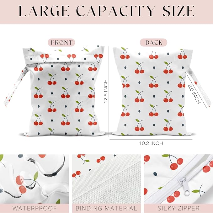 Wet Bag, Wet Dry Bag, Waterproof Swim Bags, Machine Washable Reusable Bags for Beach, Pool, Diapers, and Dirty Yoga Gym Clothes(Minimalist Cherry Pattern