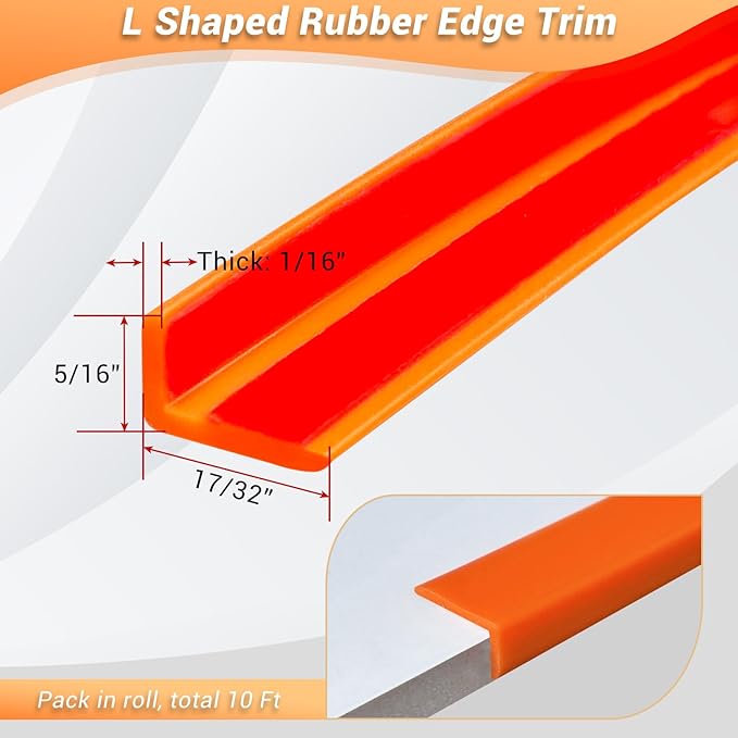 Rubber Edge Trim, Self Adhesive L Shaped Edge Trim, Small Size Peel and Stick Edge Trims for Tile, Wall and Furniture Edges, Orange Color, 10Ft