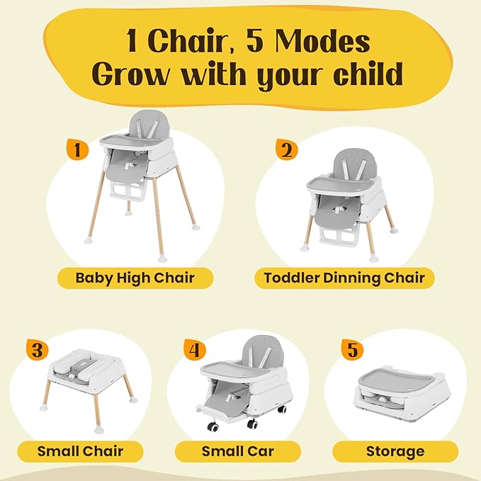 5-in-1 Baby High Chair, Convertible Booster & Play Chair, Portable Foldable Lightweight, Easy to Clean with Tray, for Babies Toddlers 6-36 Months, Gray
