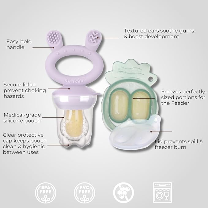 Haakaa Freeze-N-Feed Mini Combo with Silicone Food Feeder & Silicone Mini Nibble Tray|Baby Solid Food Self Feeder|Breastmilk Popsicle Mold Storage & Feeder for Soothing Baby Gums 1 PK