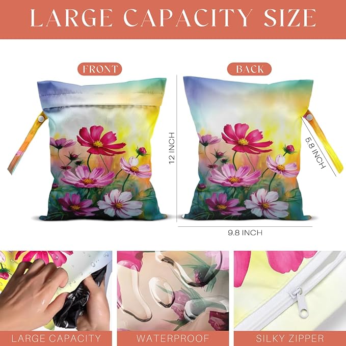 4 Pack Wet Bag Waterproof Washable Reusable Wet Dry Bag for Swimsuit Dirty Clothes Diaper Travel Beach Pool Gym Christmas Camping Toiletries Beach Essentials，Colorful Flower Abstract Wildflowers