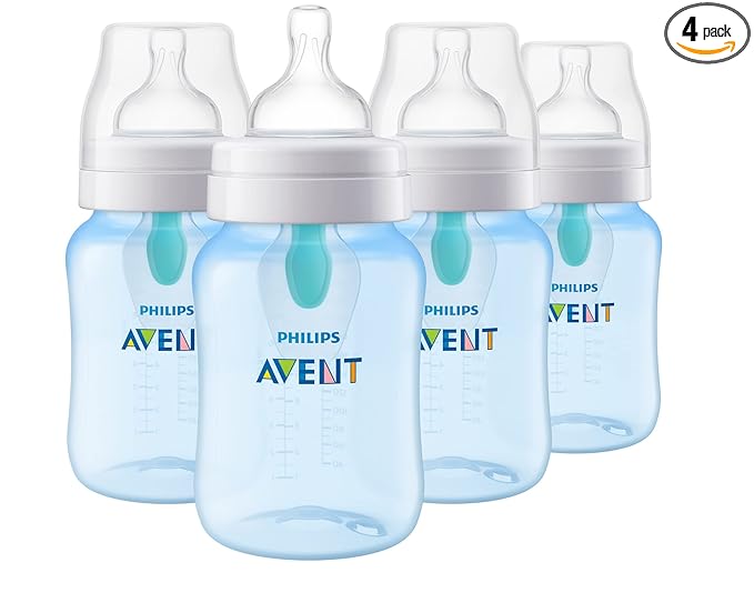 Philips Avent Anti-Colic Bottle with AirFree Vent, 9oz, with Flow 2 Nipples, 1m+, 4pk, Blue, SCY703/24