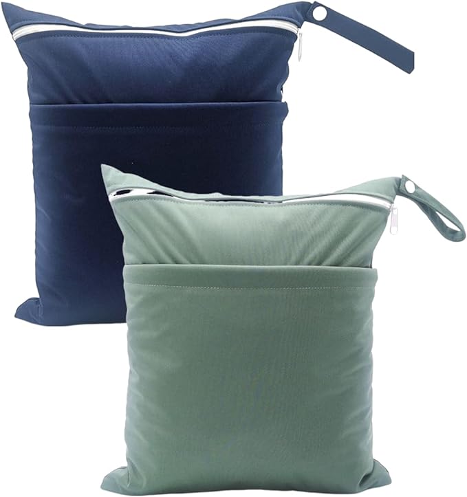 Wet Dry Bags 2 Pack for Baby Cloth Diapers, Waterproof Reusable with 2 Pockets Travel Beach Pool Soiled Baby Items Yoga Gym Bag for Swimsuits or Wet Clothes(Navy Blue,Dark Green)