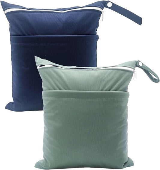Wet Dry Bags 2 Pack for Baby Cloth Diapers, Waterproof Reusable with 2 Pockets Travel Beach Pool Soiled Baby Items Yoga Gym Bag for Swimsuits or Wet Clothes(Navy Blue,Dark Green)