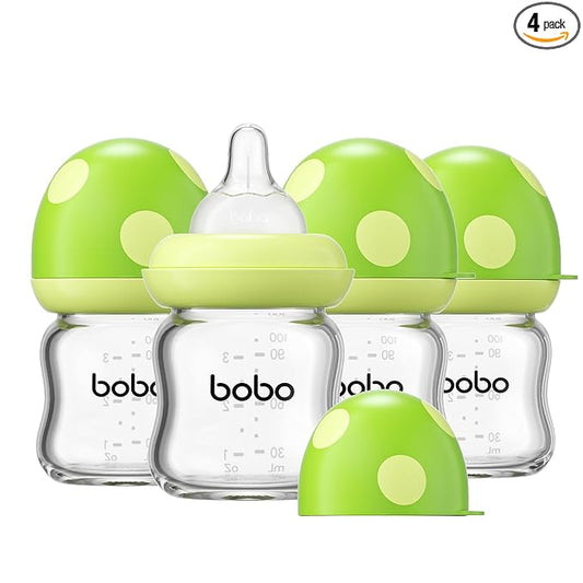 YOHKOH Natural Glass Baby Bottle with Level 1 Slow Flow Nipple, Newborn Anti-Colic Baby Bottles, Wide Neck Mushroom Baby Glass Bottle (Green, 3.4oz (Pack of 4))