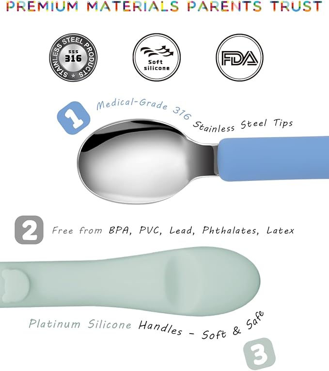 Bakpoco 6PCS Toddler Utensils, 316 Stainless Steel Baby Safe Forks + Spoons with Silicone Handle, BPA Free Dishwasher Safe Kids Silverware Cutlery with Box, Sage/Blue/Gray