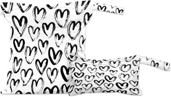 Wet Dry Bags Hearts Waterproof Wet Bag Black and White Reusable Bags for Swimsuits Cloth Diapers Beach Pool Gym Travel Baby Item 2 Pcs