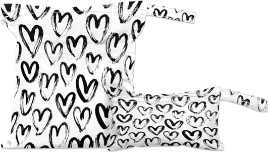 Wet Dry Bags Hearts Waterproof Wet Bag Black and White Reusable Bags for Swimsuits Cloth Diapers Beach Pool Gym Travel Baby Item 2 Pcs