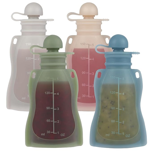 Eascrozn Silicone Baby Food Pouches Reusable, 4 Pack Refillable Squeeze Pouches with Straw for Toddlers Kids, BPA Free, 5OZ Baby Food Containers,Dishwasher and Microwave Safe
