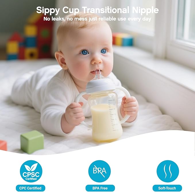 Sippy Straw Nipple for Dr. Brown's Wide-Neck Baby Bottles & Sippy Spout Bottles,Leak-Proof Replacement Silicone Bottle Nipple BPA-Free, 8m+, 2 Count