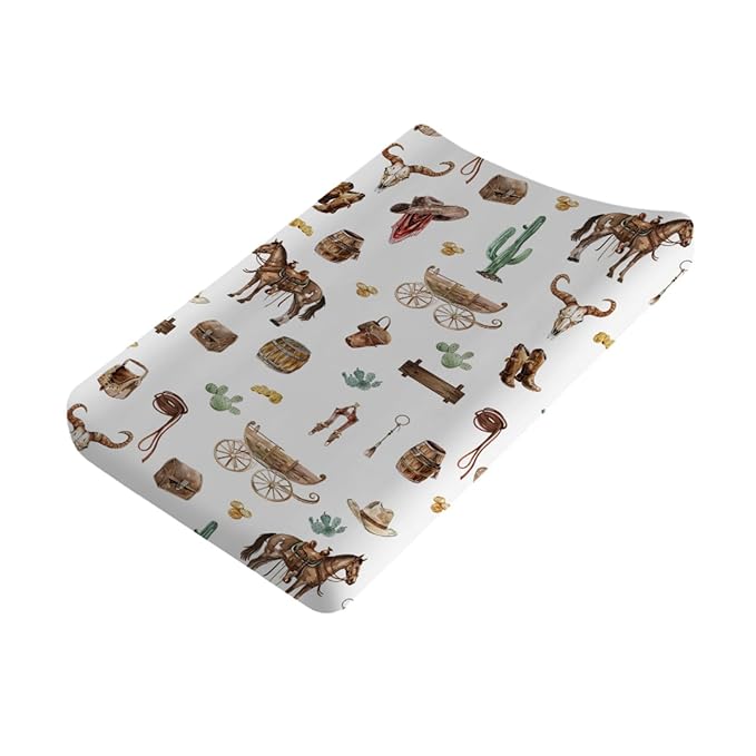 Western Cowboy Changing Pad Covers Cowboy Hat Boots Coins Cactus Goat Skull Horse Diaper Changing Pad Table Sheets for Boys Soft Breathable Stretch Fitted Baby Changing Pad Mats Covers 32''x16''