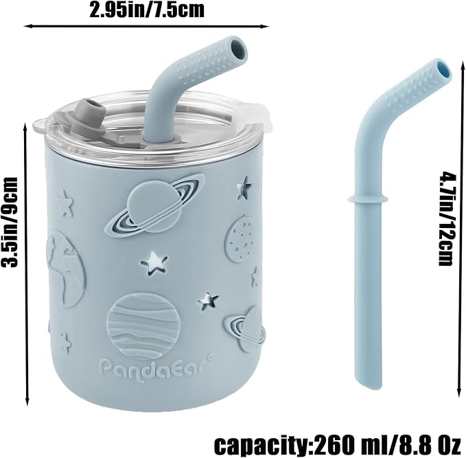 PandaEar Stainless Steel Baby Feeding Set | 2 Divided Suction Plates, 2 Spill-Proof Straw Cups with Silicone Sleeves, 2 Forks & 2 Spoons | Toddler Utensils for Baby Led Weaning, BPA-Free (Blue & Grey)