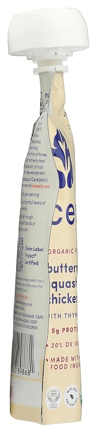 Cerebelly Organic Baby Food Pouches, Butternut Squash Chicken Bone Broth with Thyme, 16 Nutrients, Protein & Healthy Fats, 4oz, 1 Count