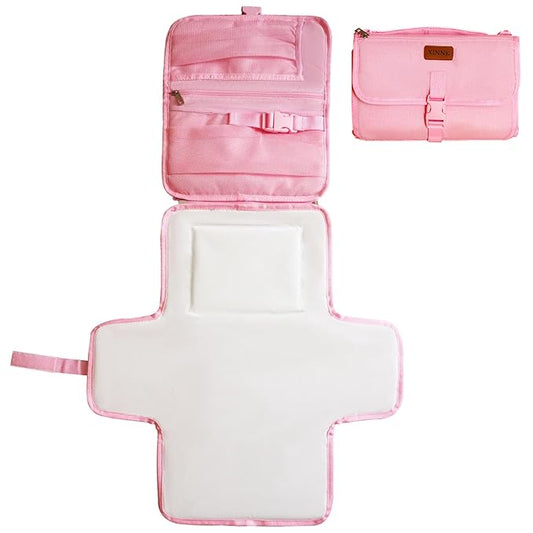Portable Changing Pad for Baby, Travel Diaper Changing Pad for Newborn, Waterproof Baby Changing Mat, Foldable & Detachable Diaper Changing Station with Baby Wipes Pockets(Pink)