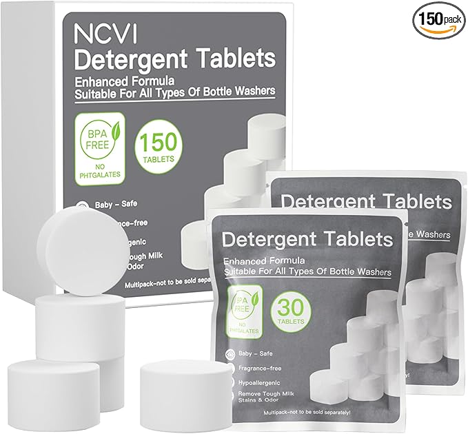 NCVI 150 PCS Detergent Washing Block Tablets, All-in-one Stain Removal, Sterilization and Deodorization Effect Compatible with NCVI/Momcozy/Baby Brezza/Grownsy Bottle Washer Machine Soap, Low-foaming