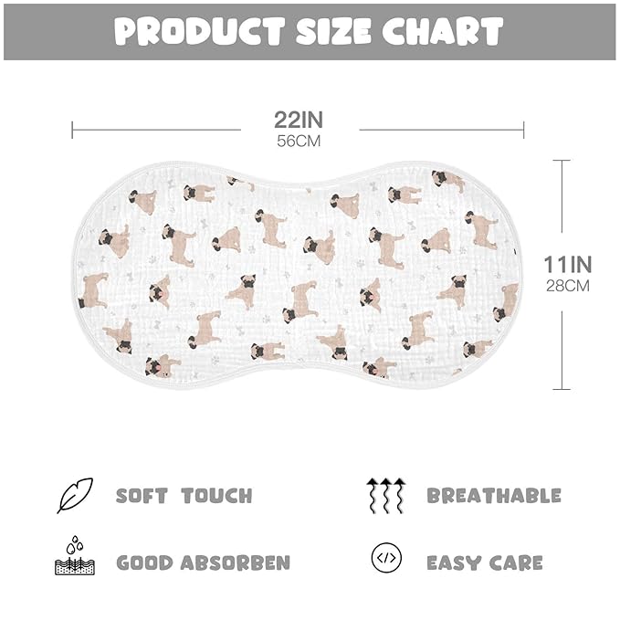 Muslin Baby Burp Cloths, Cute Pug Puppy Dogs Muslin Baby Rags Comfy Soft Absorbent in for Newborn Boys and Girls 4 Piece 22 x 11 Inch