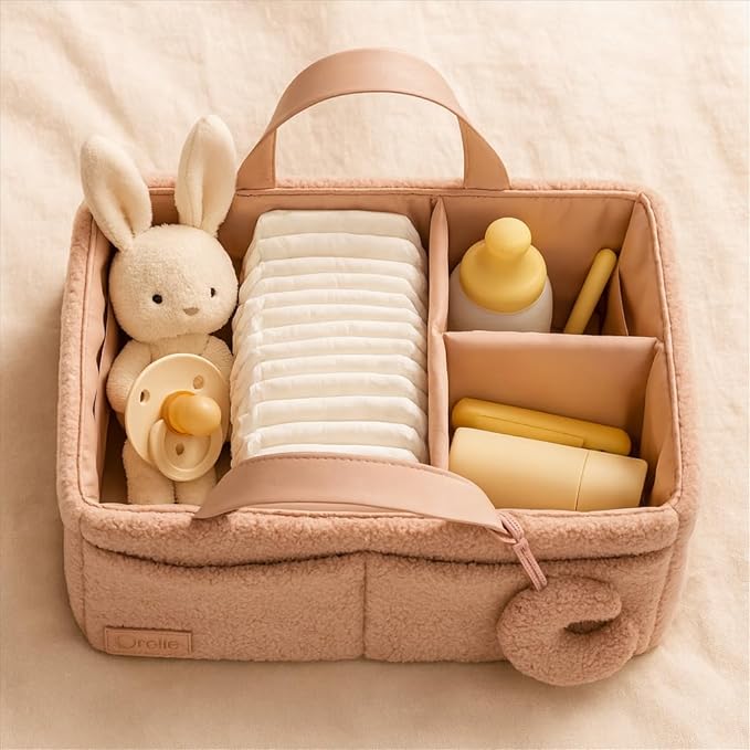 Orelle Bouclé Diaper Caddy Organizer with Matching Pouch & Moon Pendant | Teddy Portable Changing Table Organizer | Pink Diaper Caddy | Must-Have Baby Shower Gifts | Pink