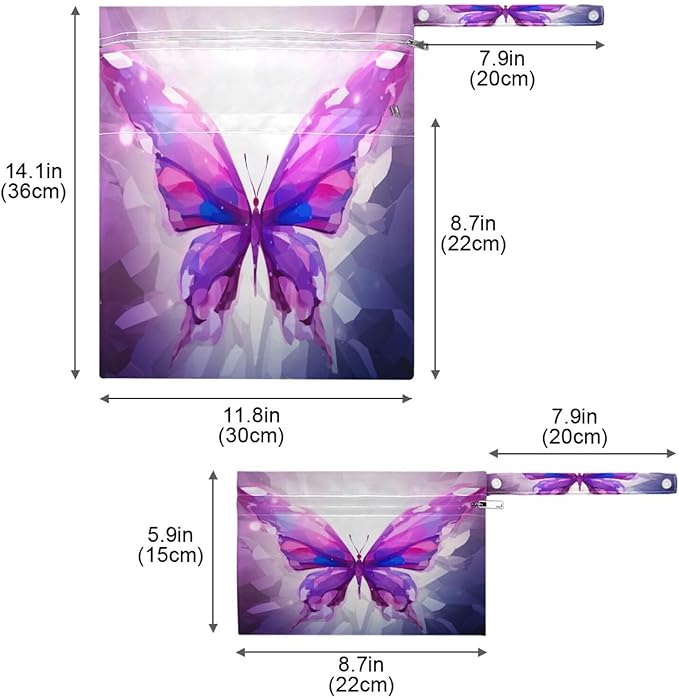 Blueangle Reusable Wet Dry Bag for Cloth Diapers & Swimsuits | Waterproof Travel Wet Bag with Purple Butterfly Design | 2-Pack Leakproof Storage for Beach Toiletries, Wet Clothes