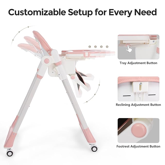 Cochildor 3-in-1 Foldable High Chair for Babies & Toddlers – Adjustable Height, Reclining Seat, 5-Point Safety Harness, Removable Tray, Lockable Wheels, Washable Cushion – Portable & Easy Clean, Pink