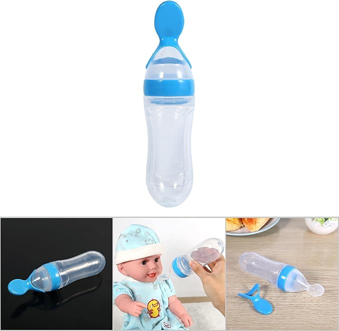 Silicone Spoon Bottle 90ml, 'S Food Supplement Bottle Rice Cereal Spoon for Semifluid Foods Bottle Feeder(blue)
