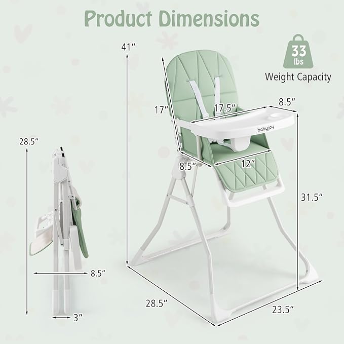 BABY JOY Foldable High Chair, Portable Highchairs for Babies and Toddlers with 3-Position Adjustable Tray & Footrest, Removable Seat Cushion, 5-Point Safety Harness, Space Saving Design (Green)