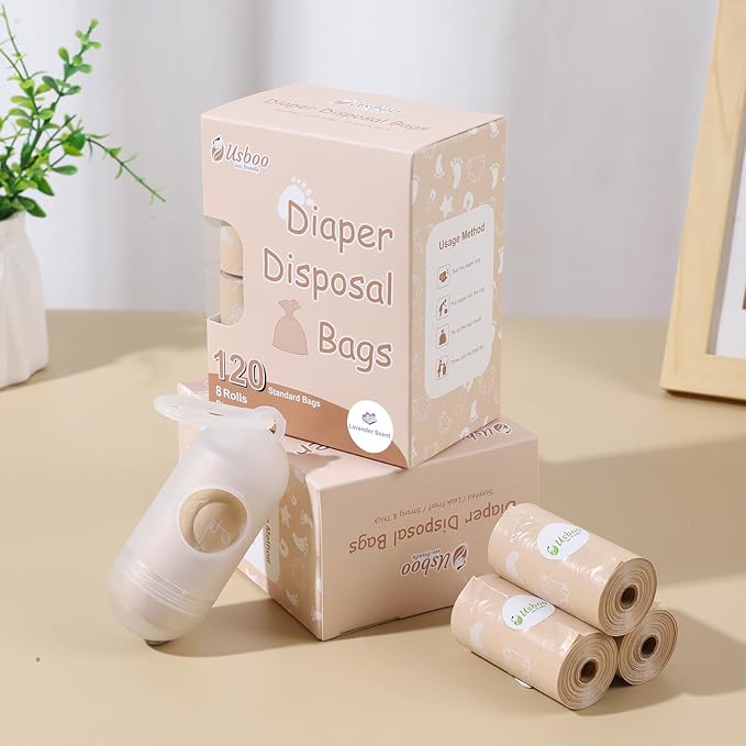USBOO Diaper Bags Disposable for Baby, Biodegradeable Dirty Diaper Bags (8 Refill Rolls/120 Bags) with Dispenser, Leak Proof Diaper Trash Bags, Baby Poop Bags, Lavender Scent
