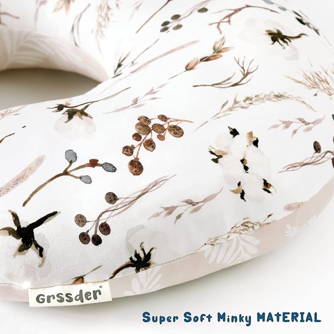 GRSSDER Nursing Pillow Cover Stretchy Minky Removable Nursing Covers for Breastfeeding Pillows, Ultra Soft Comfortable Slipcover for Boy and Girls, Stylish Pretty Flora, Beige