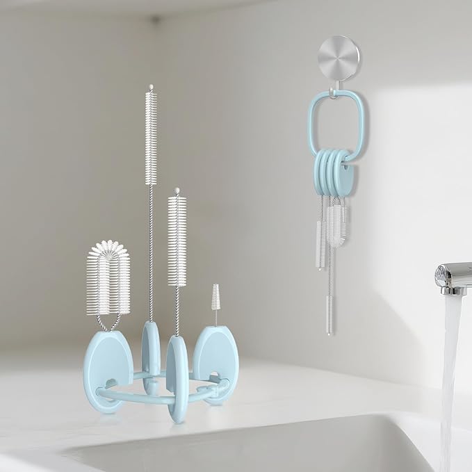 YOTIME 4 in 1 Straw Cleaner Brush Set, Reusable Standing Straw Brushes with Holder Ring, for Baby Bottles, Sippy Cups and Lids, Blue