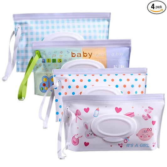 4PCS Baby Wipes Dispenser Travel Baby Wipe Holder Portable Wet Wipe Dispenser Bag Reusable Travel Baby Wipes Container Refillable Wet Wipe Carrying Case Holder Wet Wipe Pouch