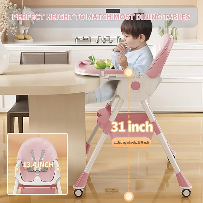 High Chairs for Babies and Toddlers, 4 in 1 Convertible Baby High Chair, Portable High Chair for Travel with Adjustable Height and Back, Foldable HighChair with Wheels& Pu Cushion