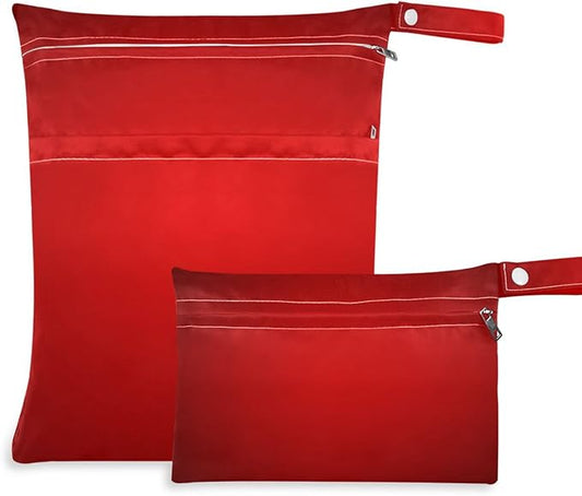 Red Texture Wet Dry Bag for Baby Cloth Diaper Waterproof Reusable Travel Wet Bag with Two Zippered Pockets for Swimsuits, 2 Pcs