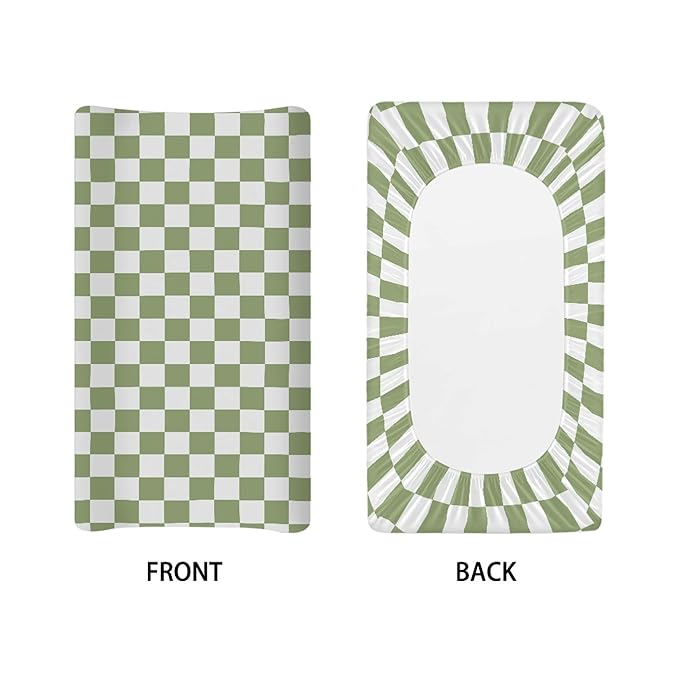 Sage Green Checkered Changing Pad Cover for Baby Girls Boys Cartoon Breathable Diaper Change Table Sheet Soft Stretchy Cute Change Table Mat Cover Fit 32x16