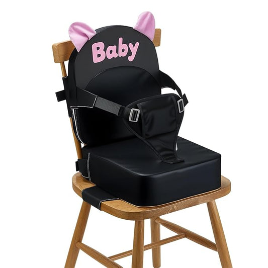 Booster Seat for Dining Table, Toddler Booster Seat for Dining Table, Kids Boys Girls Portable PU Waterproof Travel Baby Boosters Increasing Cushion with Backrest and Adjustable Strap (Black, Onesize)