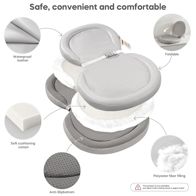 Mamatepe Peanut Baby Changing Pad, Foldable Travel On-the-Go with Non-Slip Base & Safety Belt, Wipeable PU Cushion for Dresser & Changing Table 30"x18", Gray