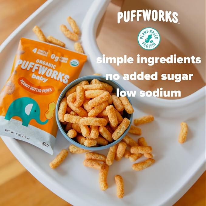 Puffworks Baby Peanut and Almond Variety Pack, Perfect for Early Peanut Introduction, Plant Protein, No Added Sugar, USDA Organic, Gluten-Free, Vegan, Non-GMO, Kosher, 0.5 Ounce (Pack of 12)