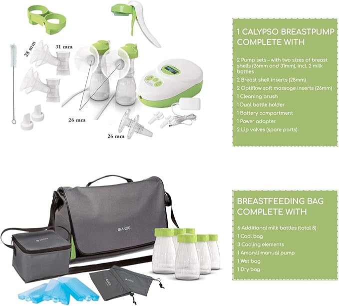 Ardo Calypso-to-Go Double Electric Breast Pump. Quiet, Swiss Made Breast Pump with 64 Settings. Closed System Hospital Grade Breastfeeding Pump with Bottles, Breast Shells & Pump Bag Included.