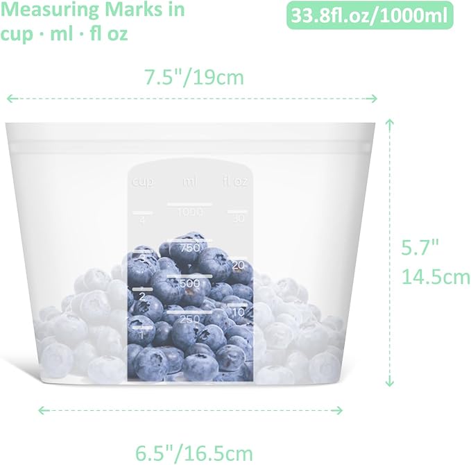 Bundle of 4 Pack 100% Silicone Reusable Food Storage Bags 33.8oz Translucent + 4 Pack 100% Silicone Reusable Food Storage Bags 50.7oz Translucent