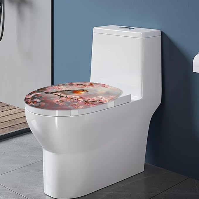 Robin Bird with Flower Toilet Seat Covers for Bathroom Decoration Flannel Fabric Soft Bathroom Covers Keep Clean Tidy Suitable for Public Bathrooms Long-Term Travel Boarding