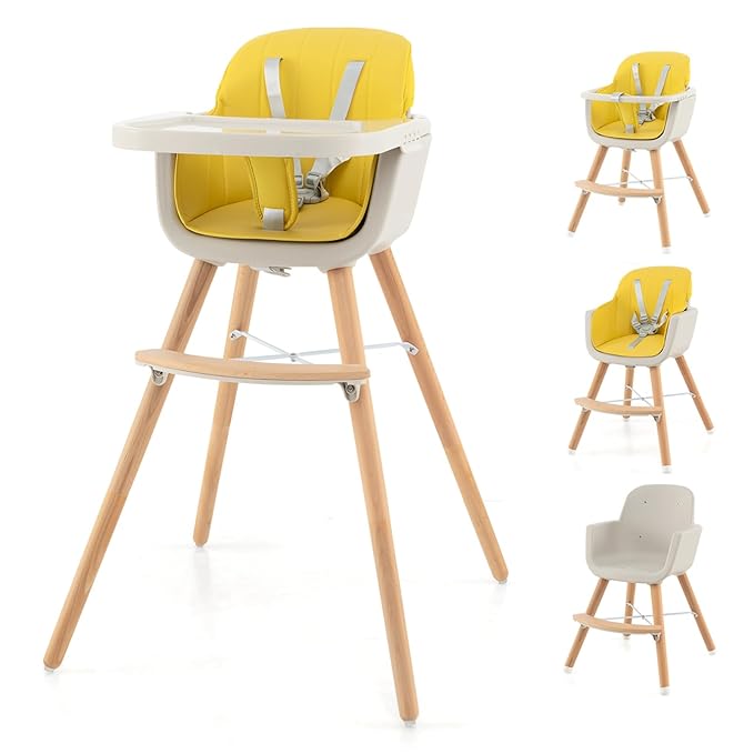 HONEY JOY Baby High Chair, 6-in-1 Eat & Grow Wooden Highchair/Toddler Chair with Removable Tray, 5-Point Harness, PU Cushion and Footrest, Convertible High Chair for Babies and Toddlers(Yellow)
