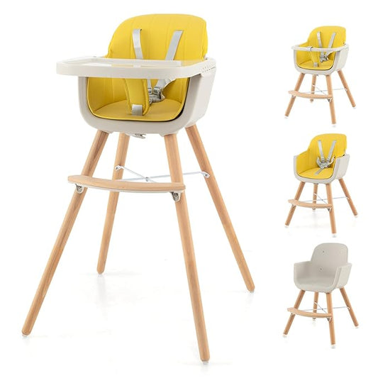 HONEY JOY Baby High Chair, 6-in-1 Eat & Grow Wooden Highchair/Toddler Chair with Removable Tray, 5-Point Harness, PU Cushion and Footrest, Convertible High Chair for Babies and Toddlers(Yellow)