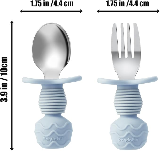 PandaEar Stainless Steel Baby Feeding Set | 2 Divided Suction Plates, 2 Spill-Proof Straw Cups with Silicone Sleeves, 2 Forks & 2 Spoons | Toddler Utensils for Baby Led Weaning, BPA-Free (Blue & Grey)
