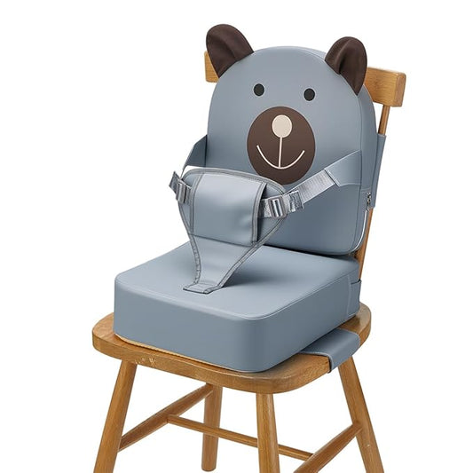 Booster Seat for Kitchen Chair, Toddler Kids Booster Seats for Dining Table with Backrest and Adjustable Strap, Portable PU Waterproof Travel Baby Boy Girl Booster Increasing Cushion (Grey, OneSize)