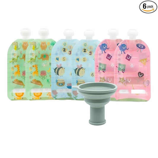 WeeSprout Double Zipper Reusable Food Pouches, Perfect for Babies & Toddlers, Freezer & Dishwasher Safe (Educational, 7 Fl Oz (Pack of 6) + Pouch Filler)
