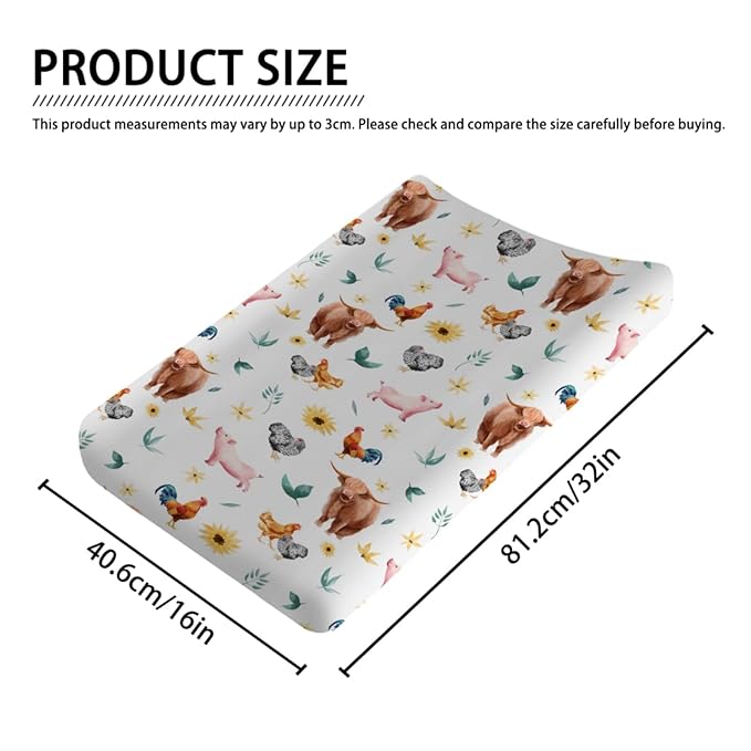 Farm Animals Changing Pad Cover Yak Pigs Rooster Hens Sunflowers Diaper Change Table Sheets for Boys Girls Soft Stretchy Snug Fitted Diaper Changing Table Mats Cover 32''x16''