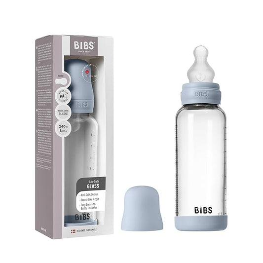 BIBS Baby Glass Bottle. 8 US fl oz / 240 ml. Anti-Colic. Vented Round Silcone Nipple. Supports Natural Breastfeeding, Medium Flow, Complete Set - Baby Blue